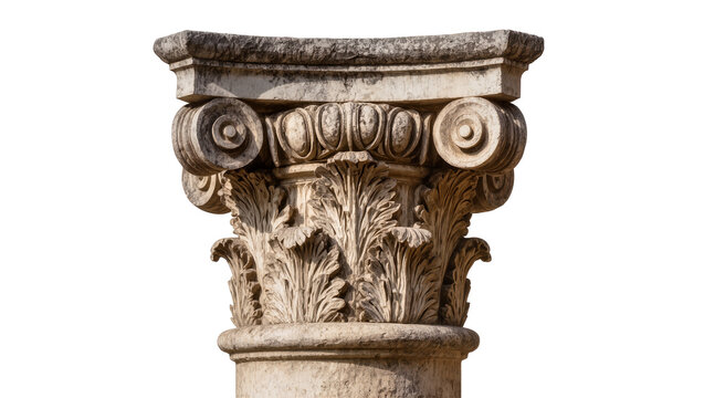 Ornate ancient stone Corinthian column capital with acanthus leaves, isolated on transparent background
