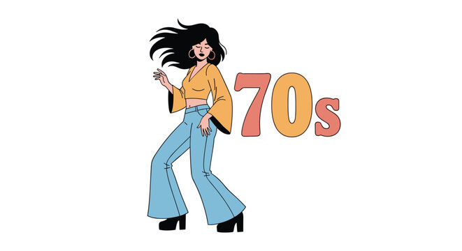 Dynamic illustration of a woman with flowing hair, dressed in 70s-era fashion, dancing alongside the stylized "70s" text.