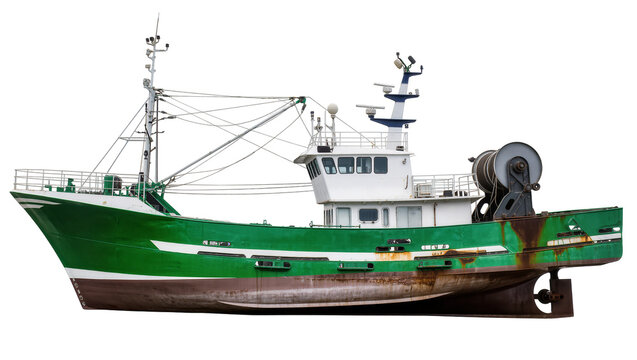 Green fishing trawler with rusty hull, isolated on transparent background
