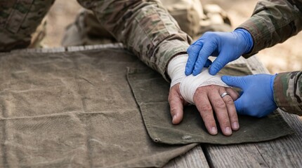 Medical professional dressing injured soldier’s hand with bandage 