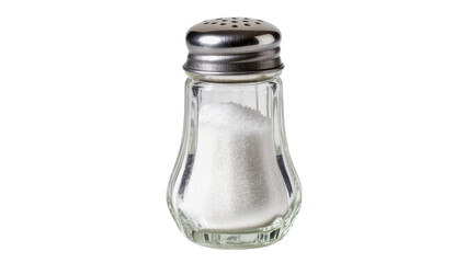 Glass salt shaker with metal lid filled with white salt, isolated on transparent background