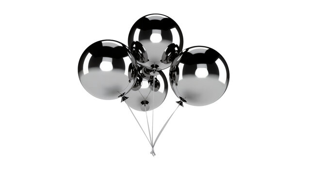 Group of shiny metallic silver balloons tied with strings, isolated on transparent background
