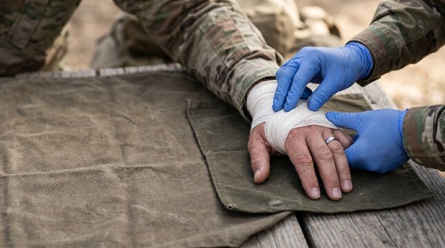 Medical professional dressing injured soldier&rsquo;s hand with bandage  