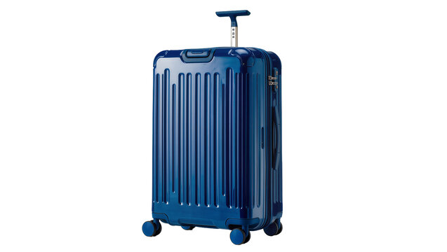 Shiny blue ribbed suitcase with telescopic handle, isolated on transparent background