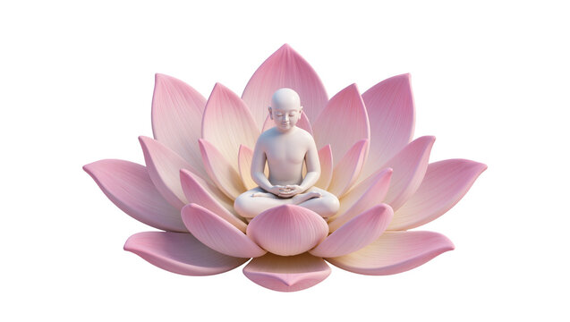 White Buddha statue meditating on pink lotus flower, isolated on transparent background