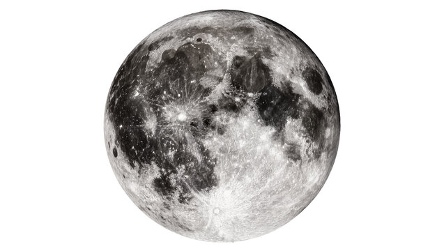 Detailed full moon surface with craters and maria, isolated on transparent background