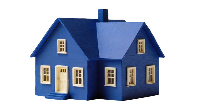 Blue wooden toy house with cream windows and door, isolated on transparent background