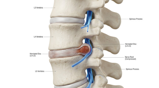 Herniated disc compressing spinal nerve root, lateral view. Lumbar spine anatomy diagram, sciatica or back pain concept. Isolated on white. AI generated.
