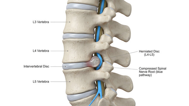 Herniated disc compressing spinal nerve root, lateral view. Lumbar spine anatomy diagram, sciatica or back pain concept. Isolated on white. AI generated.
