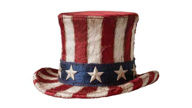 Uncle Sam top hat with red and white stripes blue band and stars, isolated on transparent background