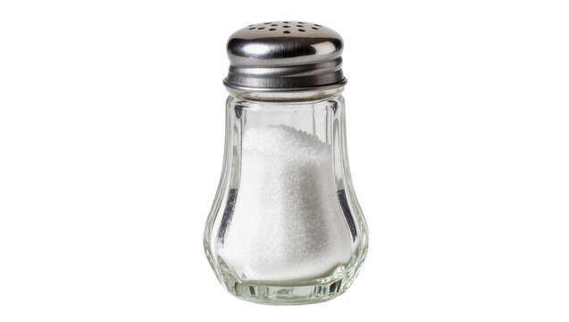 Glass salt shaker with metal lid filled with white salt, isolated on transparent background