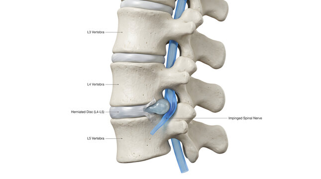 Herniated disc compressing spinal nerve root, lateral view. Lumbar spine anatomy diagram, sciatica or back pain concept. Isolated on white. AI generated.
