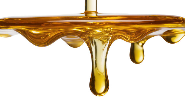 Golden viscous honey dripping from a surface, isolated on transparent background