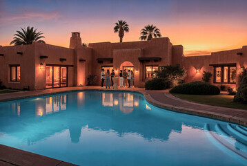 Fototapeta premium A group of diverse young adults relaxing in the backyard of a modern upscale southwestern adobe house with a swimming pool at sunset