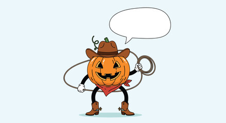 Naklejka premium Adorable cartoon jack-o'-lantern wearing a cowboy hat and bandana, holding a lasso and an empty speech bubble, ready for Halloween fun.
