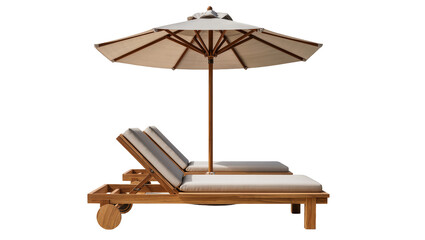 Two wooden lounge chairs with cushions under a beige patio umbrella, isolated on transparent background © Nicolas