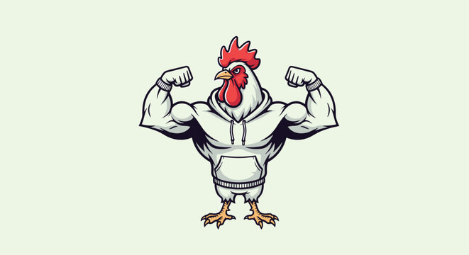 Humorous and unique illustration of a muscular rooster, flexed and confident, wearing a white hoodie, showcasing a strong and quirky character.