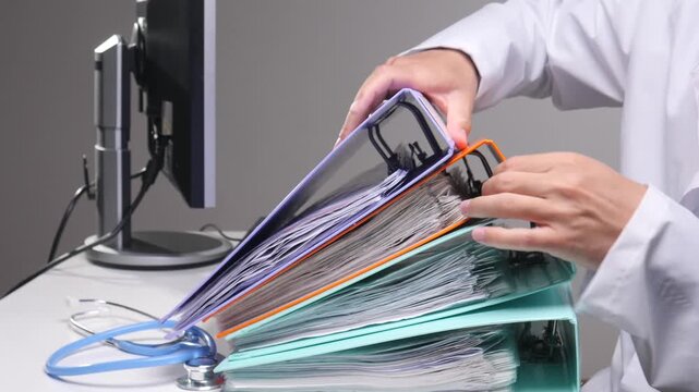 Doctor sitting at a desk surrounded by tall stacks of colorful ring binders, filled with medical files and patient records, indicating administrative workload