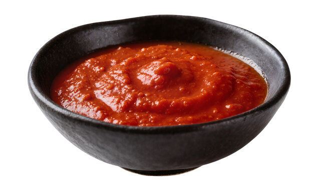 Thick red tomato sauce in a dark ceramic bowl, isolated on transparent background