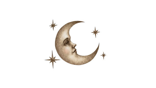 Crescent moon with human face and sparkling stars, isolated on transparent background