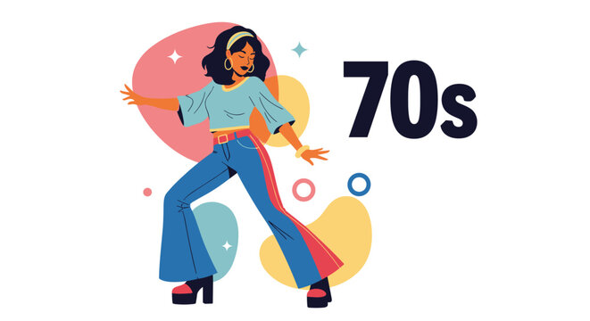 Vibrant illustration of a woman in authentic 70s disco fashion, striking a dynamic dance pose, surrounded by abstract shapes and "70s" text.