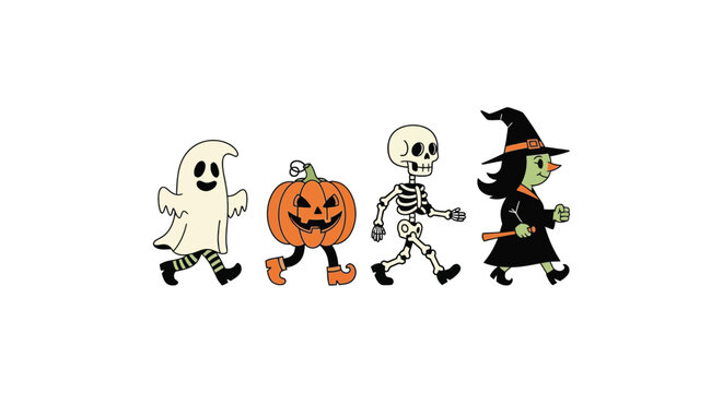 Halloween characters including a ghost pumpkin skeleton and witch in a vector illustration style specter apparition jack o lantern