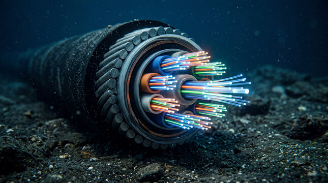 High Tech Undersea Data Cable Cross Section Showing Glowing Integrated Fiber Optic Connection Network Lines