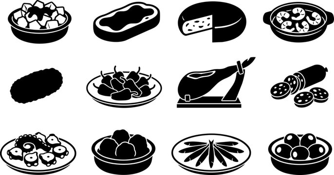 Classic Spanish Tapas Dish Silhouette Icon Set