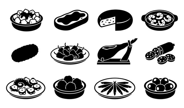 Classic Spanish Tapas Dish Silhouette Icon Set