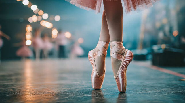Dancers prepare backstage for a ballet performance during an evening show in a dimly lit theater