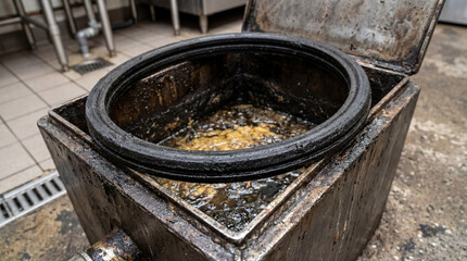 Fototapeta premium Close Up of a Thick Black Rubber Seal on an Open Grease Trap Lid Prevent Leaks