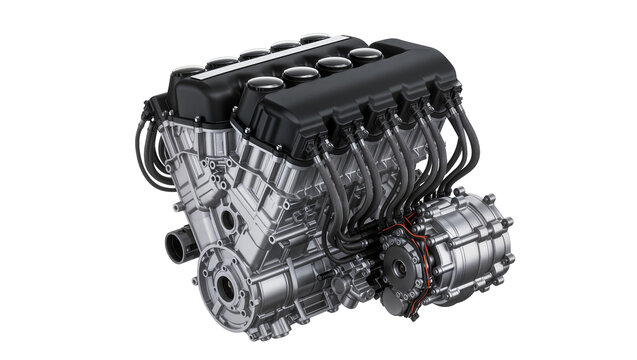 Complex V8 engine with black covers and silver metal parts, isolated on transparent background
