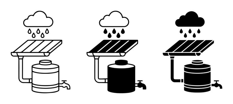 Solar Powered Water Tank Systems, Rainwater Harvesting, Black and White Icons, 3 Variations