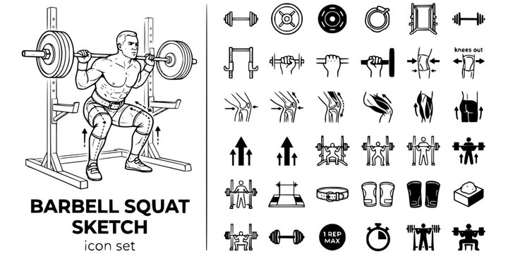 Barbell Squat Sketch Black White-Knee Align Rack Position Leg Drive-Powerlifting Vector-Squat Icon Sketch-Gym Fitness Design Set
