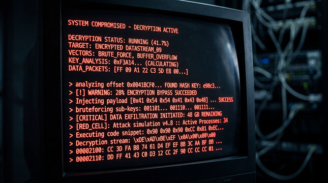 Close Up of a Dark Terminal Screen Displaying Rows of Red Malicious Code Decryption Process