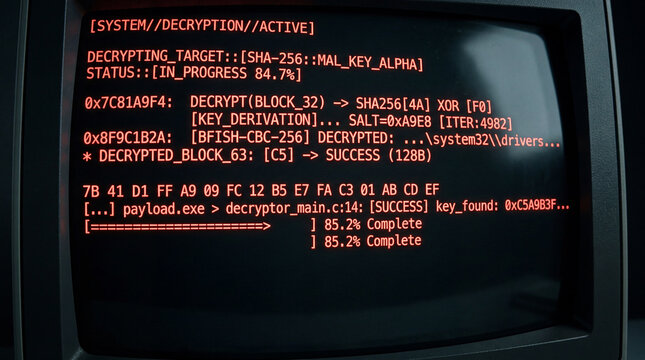 Close Up Of A Dark Terminal Screen Displaying Rows Of Red Malicious Code Decrypting Data
