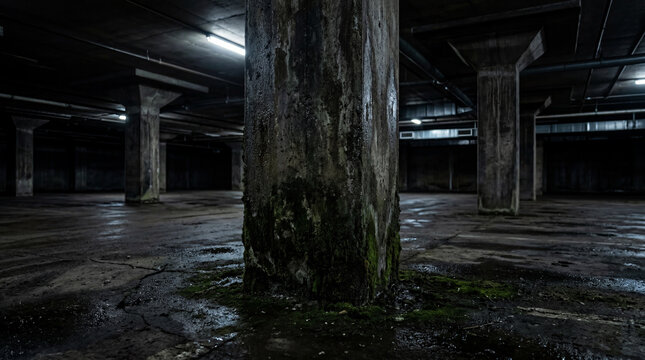 Grungy underground car park interior with green moss and damp mold growing along concrete walls