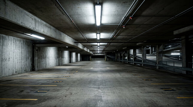 Empty Municipal Parking Garage At 3 AM With Bright Fluorescent White Tubes Casting Harsh Shadows