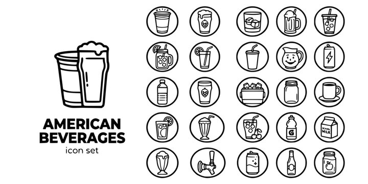 American Beverages Drinks Culture Bold Line Icons-Solo Cup Craft Beer Bourbon Root Beer Float Iced Coffee Sweet Tea Lemonade Soda Kool-Aid Moonshine Diner Coffee-25 Beverages Icon Set Vector