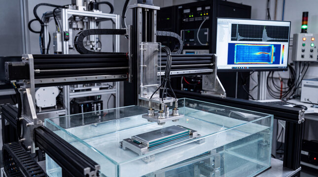 High tech sonic imaging rig scanning solid state battery cell to find deep internal delamination