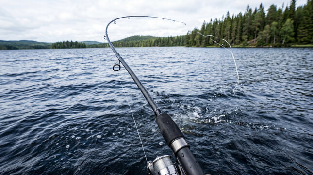 Point of view action shot of fishing rod snapping back after big catch gets away