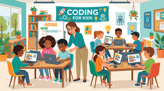 Diverse Elementary School Students Attending an Interactive Computer Programming Workshop Taught by a Teacher in a Classroom