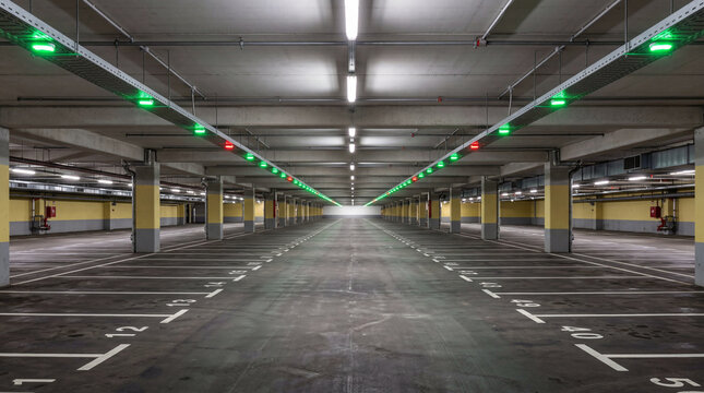Symmetrical View Of Empty Twin Parking Lot Rows With Green And Red LED Status Indicators
