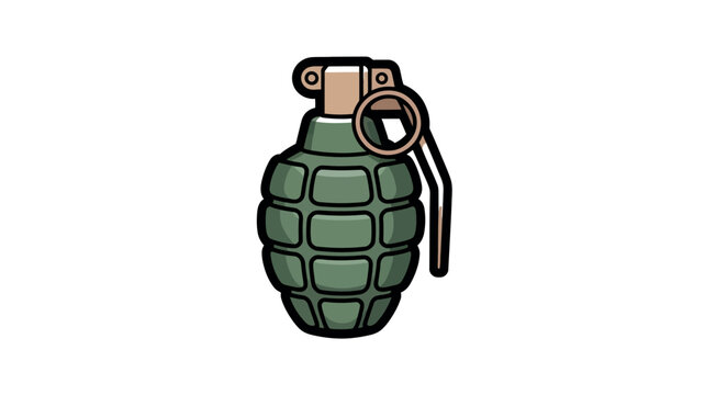 Detailed green hand grenade illustration featuring a metallic pin and lever rendered in a bold cartoon style with thick black outlines isolated on a plain white background for design projects.