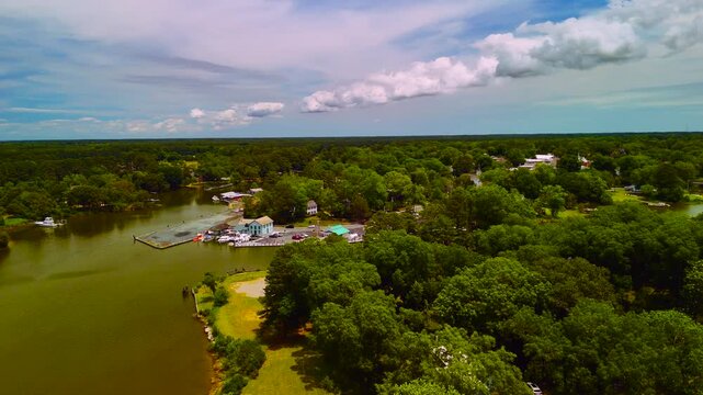 Aerial View of Historic Onancock Wharf and Marina in Virginia Day