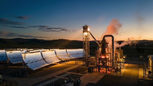 Evening glow illuminates the hybrid solar calcination system as the alumina calciner and solar concentrators emit a warm light emphasizing sustainable energy use at dusk.