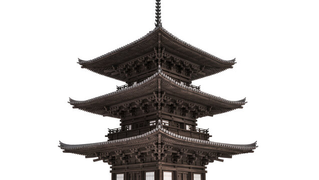 Dark wooden Japanese pagoda with tiered roofs, isolated on transparent background