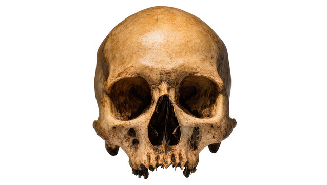 Weathered human skull with empty eye sockets, isolated on transparent background