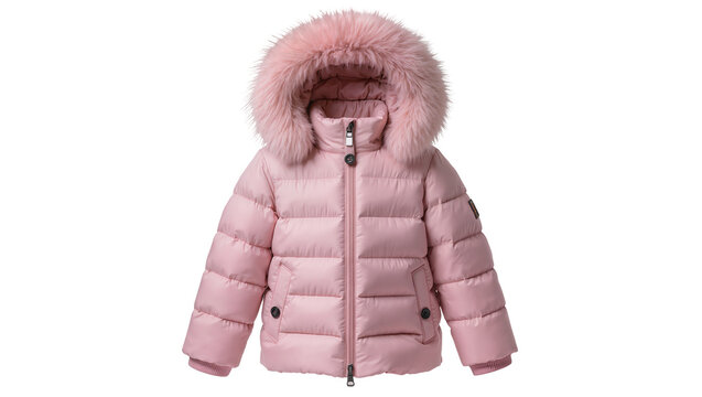 Pink puffer jacket with fur hood, isolated on transparent background