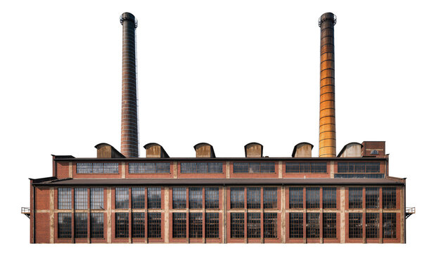 Old brick factory building with two tall smokestacks, isolated on transparent background